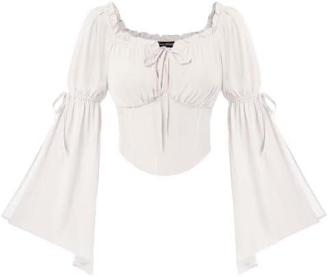 SCARLET DARKNESS Damen Renaissance Corset Top Langarm Korsett Piraten Bluse | Schulterfreies Oberteil, Glockenärmel mit Schlitz, Gesmokte Taille, Korsett Oberteil, Mittelalter Klei