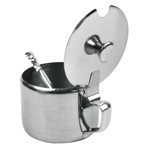 Açucareiro em Inox Inoxidável Com Colher E Alça Prata Pequeno De Mesa Com Tampa 200 Ml Para Café, Su