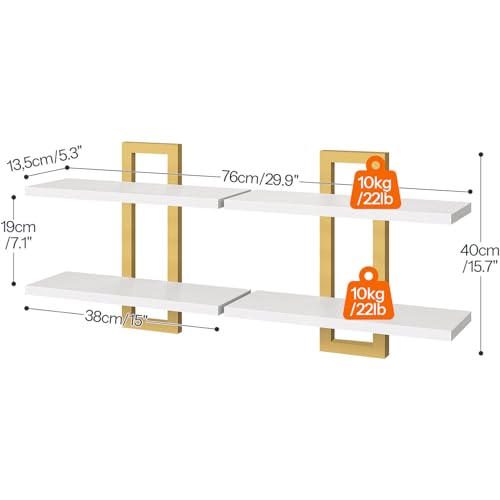 Image of HOOBRO Floating Shelves, 15 Inch Wall Shelf Set of 2, Wall Mounted Storage Shelves 2-Tier, Hanging Bathroom Shelves, for Living Room, Bedroom, Bathroom, Kitchen, White and Gold DW32BJ01