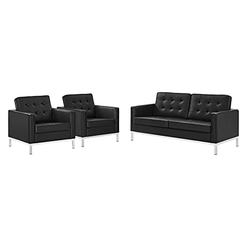Tufted Armchair and Loveseat Sofa Set, Faux Leather, Silver Black, Modern, Lounge Hotel Hospitality