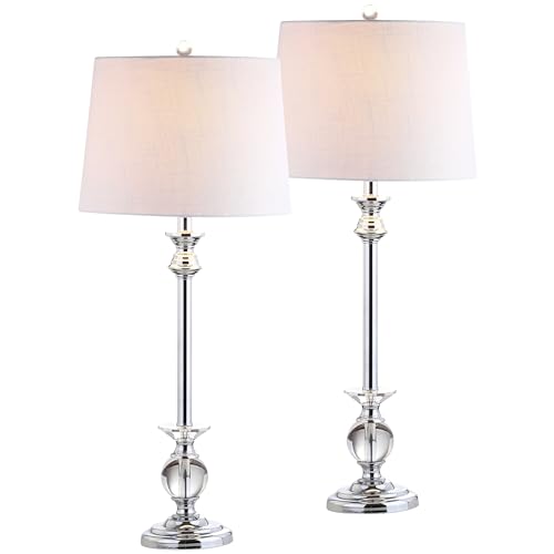 JONATHAN Y 33" Crystal and Chrome LED Table Lamp Set of 2, Contemporary Clear Metal Lamps for Living Room Bedroom, White Linen Drum Shade, LED Bulbs Included, UL Listed JYL2056A-SET2