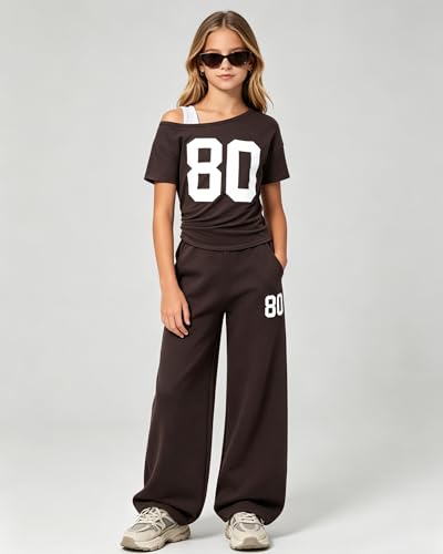 Image of Teen Girls Clothes Off the Shoulder Top and Wide Leg Pants Matching Outfit Set with Pockets Size 7-16