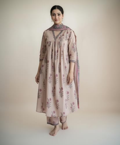 Image of ANNI Designer Women Rayon Viscose A-Line Embroidered Kurti Set with Pant and Dupatta | 3 /4 Sleeve | V-Neck | Ethnic Wear Kurta Set for Women