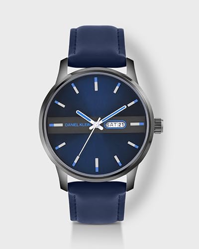 Image of Daniel Klein Navy Blue Leather Strap Day Dated Men's Analog Watch - DK.1.14024-2