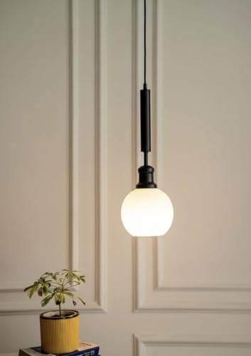 Image of Divine Trends Globe Hanging Pendant Light Black Polished with Frosted Milky White Glass | Hanging Lamp for Living Room | Pendant Ceiling Lamp - Pack of 1