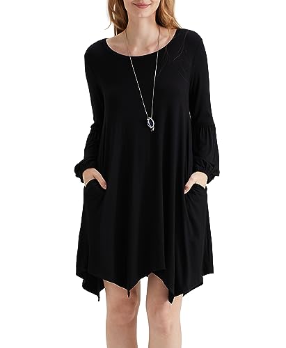 Invug Women Casual Loose Crewneck Long Puff Sleeve Pockets Swing T-Shirt Dress Black XXL