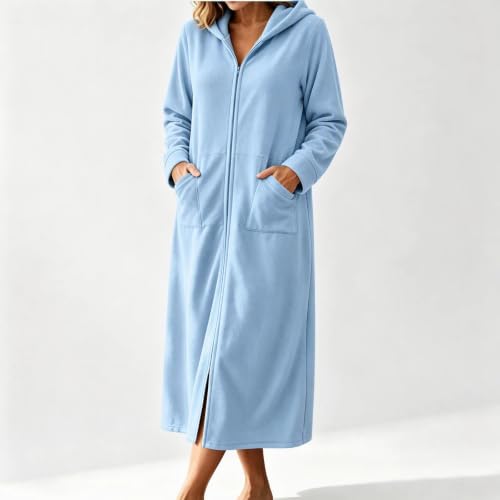 Zip Up Robes for Women Long Soft Housecoat Hooded Bathrobe with Pockets - image 2