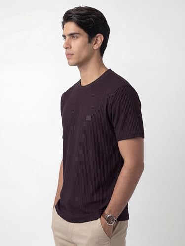 Image of DAMENSCH Men's Striped Texture, Cotton-Rich Comfort, Regular Fit, Solid Colours Striped T-Shirts