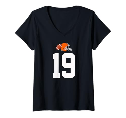 Damen American Football Helm Style Vintage Nummer 19 T-Shirt mit V-Ausschnitt