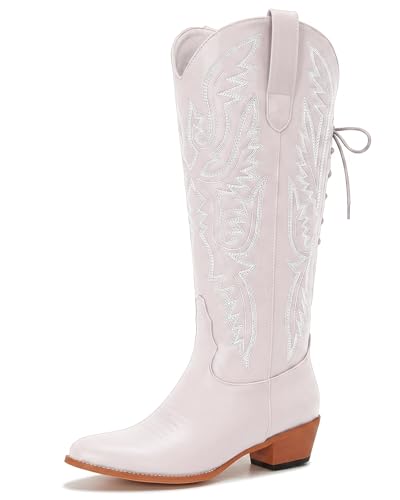 Image of Uillnoodu Wide Calf Cowboy Boots Women Adjustable Lace Up Knee High Tall Plus Size Cowgirl Boots Western Style Comfortable 2-Inch Heel