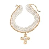 Collar de hombre para mujer, collar de cadena de perlas de imitación multicapa para mujer, gargantilla con colgante de cruz de Jesús grande, gargantilla de regalo de Año Nuevo