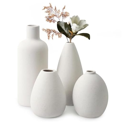 Omtofo Vase Blanc Set - Lot De 4 Vases Fleur Ceramique - Vase Decoratif pour Minimaliste La Maison, Fête, Bureau, Mariage, Bouquet De Fleurs Fraîches Séchées d'herbe (Beige)