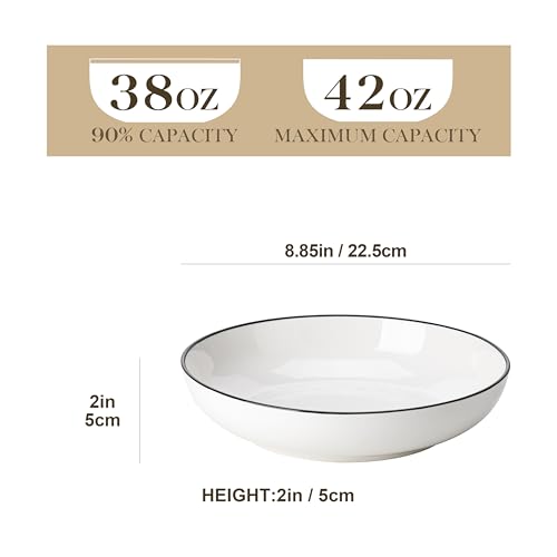 Image of MALACASA 8.85 inch Large Pasta Bowls, 42 OZ White Salad Bowls Soup Bowls, Porcelain Serving Bowls Set of 4, Ivory White & Black Rim, Microwave & Dishwasher Safe, Series REGULAR