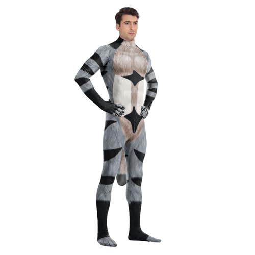 Image of Animal Full Bodysuit for Men Muscle Spandex Jumpsuit Furry Costume with Big Tail for Adult Cosplay Halloween Party