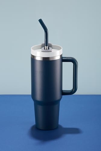 Image of KooK Tumbler with Straw and Handle, 40 Oz, Stainless Steel, Vacuum Insulated Travel Coffee Mug, Reusable Double Walled Water Bottle, Keeps Hot or Cold (Storm Blue)