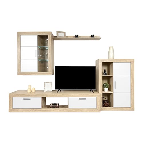Homey - Mueble de Salón Moderno con Leds, Módulos de Comedor, Modelo Freim, Acabado en Blanco y Cambria, Medidas: 259 cm (Ancho) x 132,5 cm (Alto) 40 cm (Fondo)