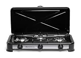 Fornello a Gas GPL Minerva 3 Fuochi Portatile da Campeggio Cucina da Esterno Acciaio Smaltato con Coperchio Regolazione Fiamma Griglie Removibili per Camper Picnic Giardino Nero 2.9KW