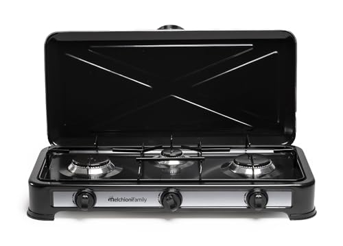 Fornello a Gas GPL Minerva 3 Fuochi Portatile da Campeggio Cucina da Esterno Acciaio Smaltato con Coperchio Regolazione Fiamma Griglie Removibili per Camper Picnic Giardino Nero 2.9KW