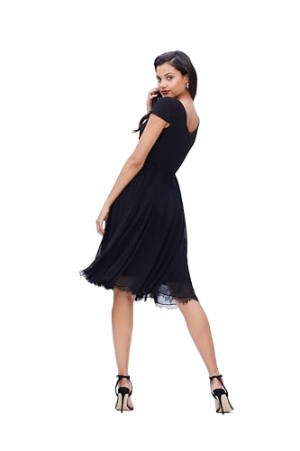 Dress the Population Women's Corey Plunging Mix Media Cap Sleeve A-line Midi Dress3