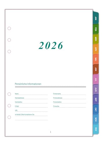 2026 Wochenplaner Einlage A5 6 Löcher, Deutsch, 1 Woche auf 2 Seiten mit Tabs,A5 Format, Wochenübersicht mit To-Do Liste, datiert mit Feiertagen, Extra Notizen & Kontakte, Jan–Dez, 100g/m² Papier