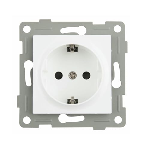 Base empotrable blanca con enchufe, características técnicas de alto rendimiento; ideal para instalaciones eléctricas y conexiones en espacios reducidos.