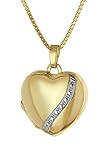 Herzförmiges Medaillon für Damen. Amulett aus 8-karätigem Gold 333, Vorderseite mit dekorativer Gravur, zum Aufbewahren von 2 Fotos. Inkl. Kette aus vergoldetem Silber. Medallion (ohne Ösen) 18x17 mm