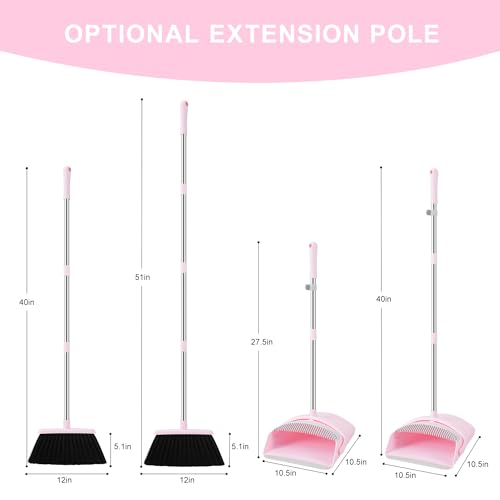 Image of BSKLIN Broom and Dustpan Set for Home, 52 inch Long Handle Standing Broom Set with Dustpan Self-Cleaning Teeth for Hair Removal Heavy Duty Indoor Outdoor Sweeping Kit for Kitchen Garage (Pink)