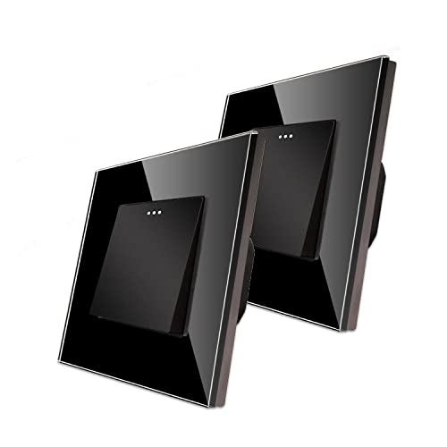 2 Pack CNBINGO Wechselschalter Rocker Knopfschalter mit Leuchtstoffpunkten, modernem Kristallglas Schwarz Wandtafel, Elektrischer Einzellichtschalter, 1-Fach, Wechselschalter