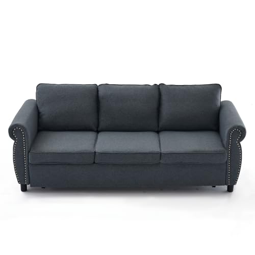 Image of Modern 3 Seat Sofa Couches with Pull Out Queen Memory Mattress Sleeper Bed, 2-in-1 Convertible 3 Seater Sofa Couch W /Rivet Decor and Scroll Armrests for Home Apartment