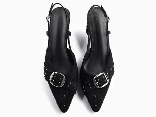 Image of Coutgo Womens Slingback Kitten Heels Studded Closed Pointed Toe Pumps with Buckle Party Dress Shoes