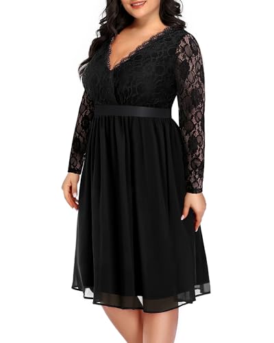 Image of Pinup Fashion Plus Size Lace Chiffon Wrap V Neck Dresses Women Cocktail Wedding Guest Midi Dress