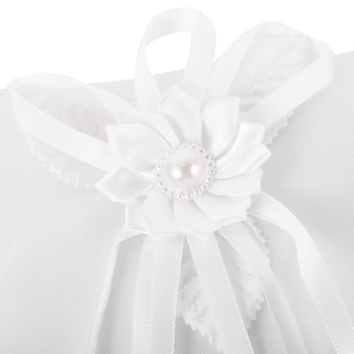 Cojín para anillos de boda blanco cuadrado con diseño floral y tejido para ceremonia nupcial 4
