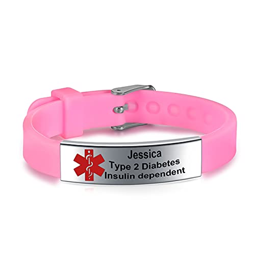 JF.JEWELRY Medical Alert Bracelets for Women, Personalized Custom Medical ID Bracelets, Waterproof Silicone Medical Bracelet - Pink