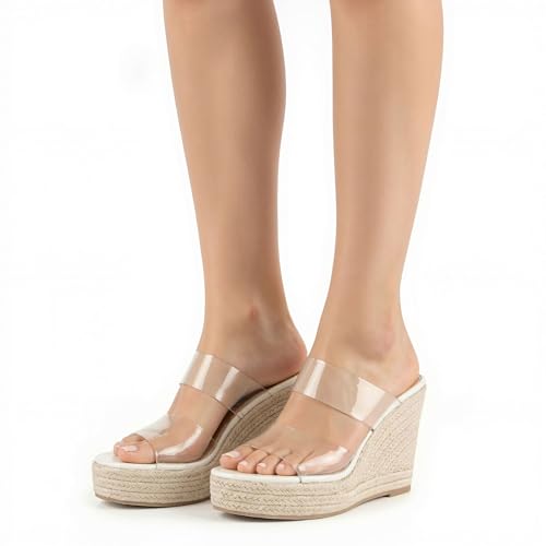Image of WIRALOMI Women Clear Wedge Heel Sandals Slip On Espadrilles Platform Sandals Slide Summer Beach Crystal Mules Sandals