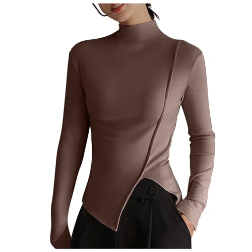 NATHGAM Women's Short Fuzzy Base Layer Winter Lined Mock Neck Long Sleeve Tops Slim Fit Thermal Underwear Fashion Fall Outfit Khaki
