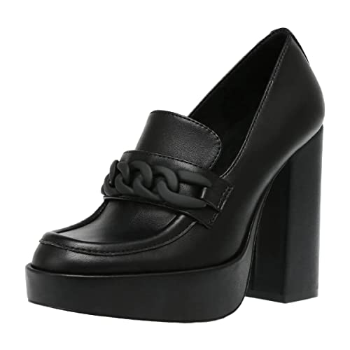 FOWT Women Platform Round Toe Pumps Chain Chunky High Heel Loafers Slip on Stable Dressy Outfit Shoes Size 4-15 US
