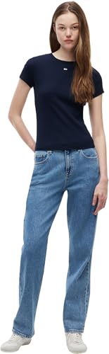 Tommy Jeans T-Shirt Manches Courtes Femme Essential Rib Slim Fit, Bleu (Dark Night Navy), S