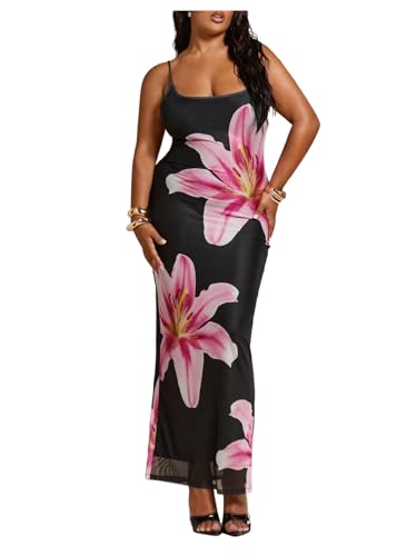 Image of BEAUDRM Women's Sexy Floral Plus Size Dress Date Night Club Cocktail Dress | Summer Vintage Mesh Bodycon Maxi Dress, Elegant Wedding Guest Dresses