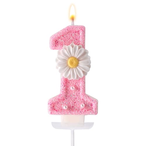Candela di compleanno 1 rosa, 7,1 cm, dolce margherita glitterata, vassoio e asta, per la prima festa di compleanno, decorazione per torte e regali