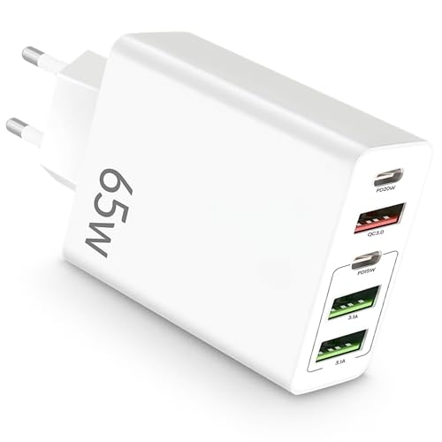 Cargador USB C Carga Rápida – Cargador USB Múltiple 5 Puertos – Enchufe Multiple USB C 65 W – Adaptador USB C Compatible con Samsung, iPad, iPhone, Huawei, Google, Carga Rapida.65W