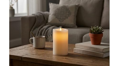 Image of Mikasa LED Wax Pillar Candle, 4x6 Inch White Wavy Flameless Candle with Dancing Flame Effect and 5-Hour Timer - Battery Operated Real Wax Candle for Home Decor