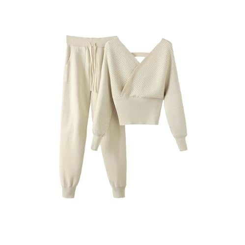 Women's Sexy Knitted Sets Elegant Vneck Short Pullover Tops Casual High Waist Harem Pants Suit