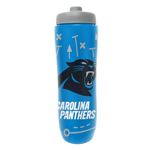 Image of Party Animal NFL Football Squeeze Bottle, 32 oz, Carolina Panthers 2 | Slim, lightweight BPA-free sports water bottle with quick-flow squeeze; fits backpacks & cup holders for kids or adults