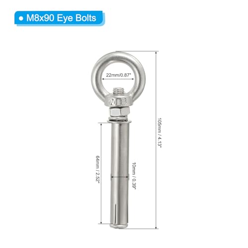 Image of PATIKIL Expansion Eye Bolt M8x90mm, 4 Pack 304 Stainless Steel Shoulder Anchors Eyebolt Screw with Eye Ring for Concrete Brick Wall Canopy Engineering Rigging Silver