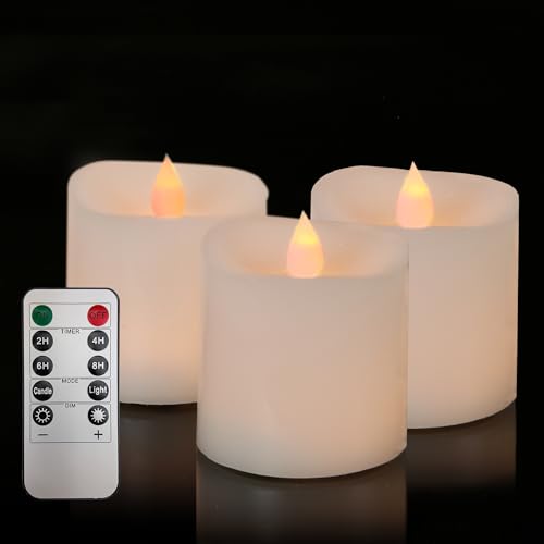 Image of 3x3 Flickering Flameless Candles Set of 3,3 inch Real Wax LED 600 Hours Battery Candles with Timer Remote,Control for Wedding Party Indoor,White