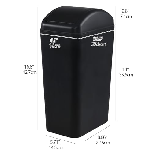Image of 12L /3.5 Gal Plastic Swing-Top Trash Can, Black Slim Garbage Can