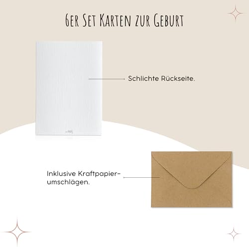 6x Karten zur Geburt aus Leinenkarton - verschiedene Motive - inklusive Briefumschlägen aus Kraftpapier - modernes Design