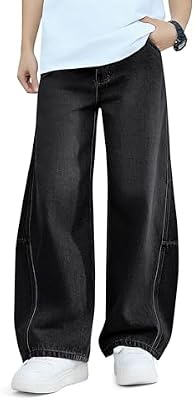 Haloumoning Boys Baggy Jeans – Kids Wide Leg Denim Pants, Black, Ages 5‑14