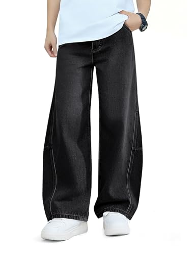 Haloumoning Boys Baggy Jeans – Kids Wide Leg Denim Pants, Black, Ages 5‑14
