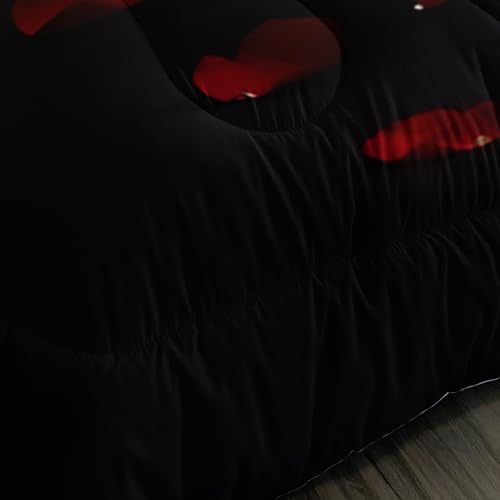 Image of AILONEN Romantic Crown Heart Comforter Full Size with 2 Pillowcases,King and Queen Bedding Set 3Pcs for Women Men,Red and Black Luxury Quilt Set for Home Decor
